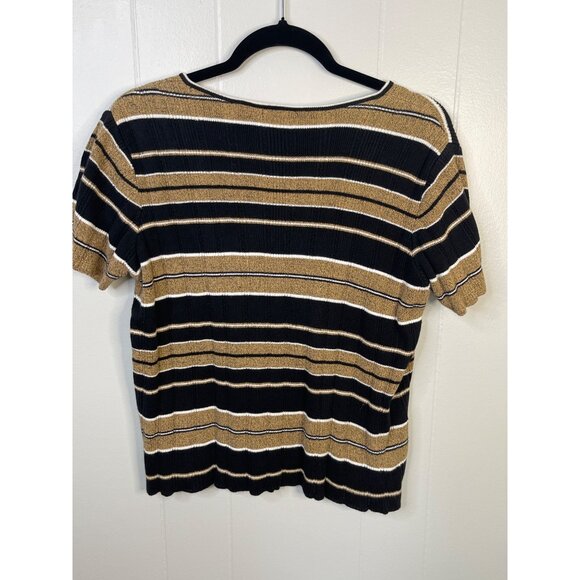 Liz Claiborne Lizsport Petite Black & Gold Striped V-Neck Knit Top M - Picture 3 of 4